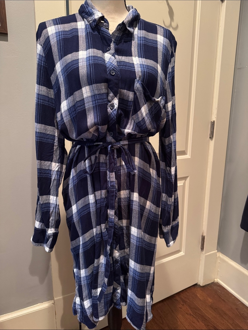 Navy Plaid Button-Down Shirt Dress with Tie Waist